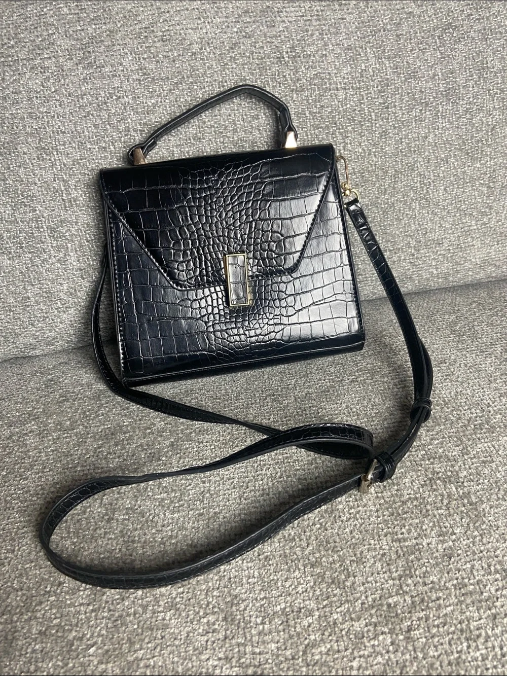 Madison West Black Croc-Embossed Top Handle Satchel with Strap